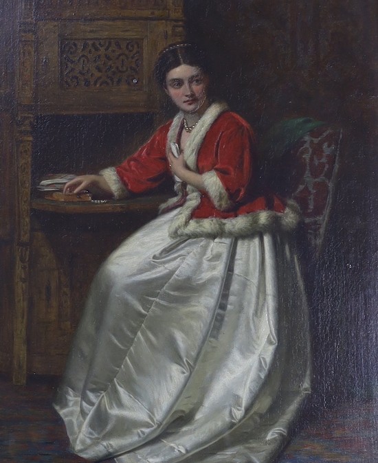 Joseph Moseley Barber (1811-1889), oil on canvas laid on board, Portrait of a lady seated at a writing desk, signed and dated 1868, 45 x 35cm